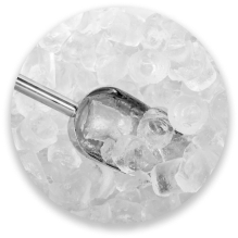 Close up stainless ice scoop with ice cubes in bucket top view use for food and beverage background