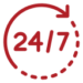 a red line icon of an arrow in a circle shape, with "24/7" in the centre